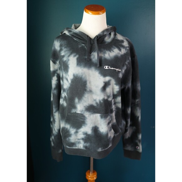 Champion Tops - Champion Women's Black/Grey Tie Dye Pullover Hoodie Spellout Soft Large